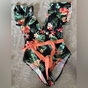 Floral One-Piece Swimsuit with Ruffle Sleeves NWOT